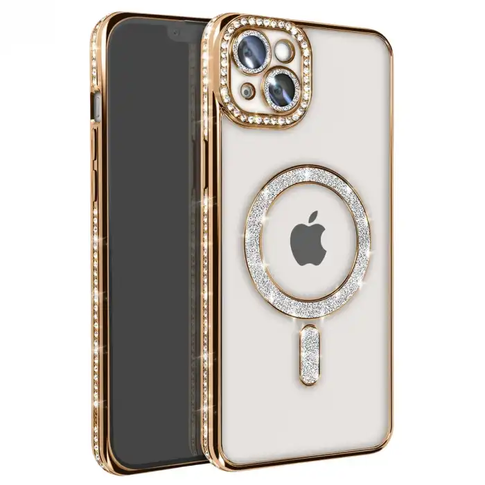 Apple İphone 14 Kılıf Joke Simli Magneticsafe Kılıf - Gold