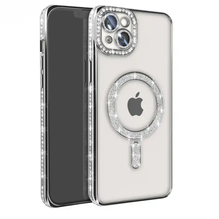 Apple İphone 14 Kılıf Joke Simli Magneticsafe Kılıf - Gümüş