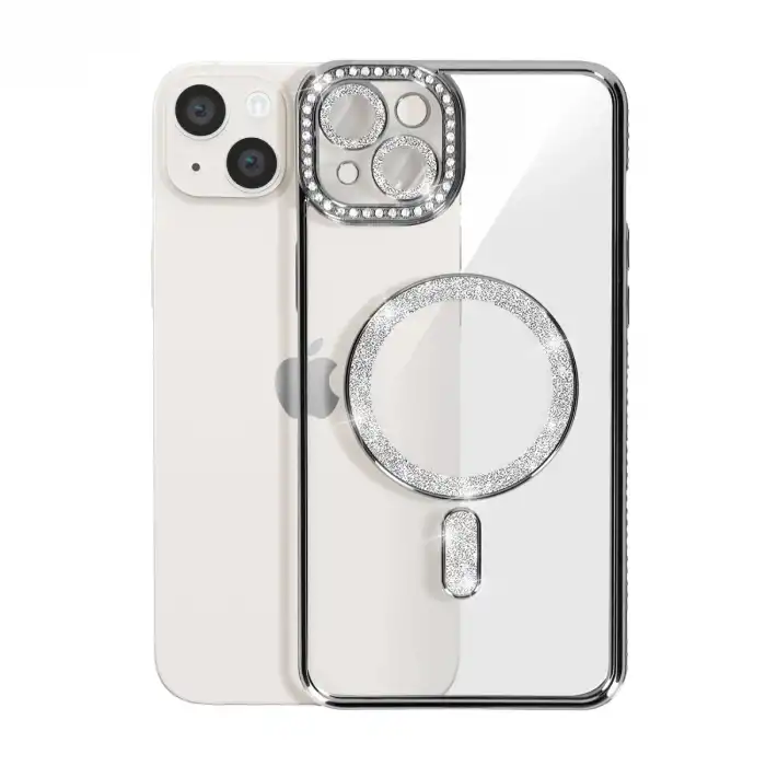 Apple İphone 14 Kılıf Joke Simli Magneticsafe Kılıf - Gümüş