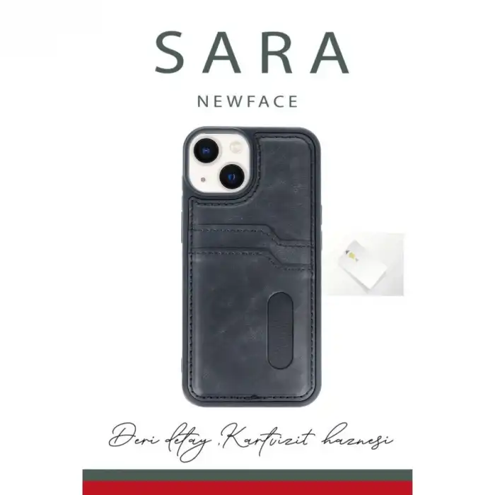 Apple İphone 14 Kılıf Sara Kartvizitli Deri Kılıf - Lacivert