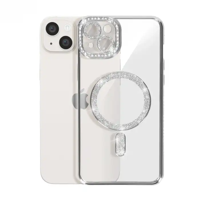 Apple İphone 15 Kılıf Joke Simli Magneticsafe Kılıf - Gümüş