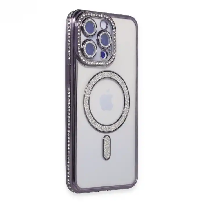 Apple İphone 15 Pro Max Kılıf Joke Simli Magneticsafe Kılıf - Derin Mor