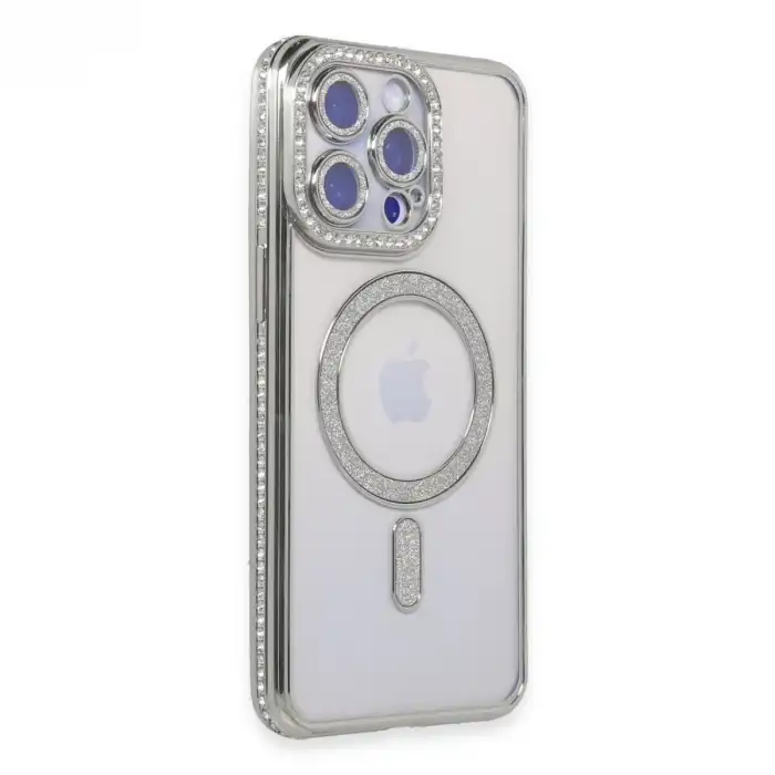 Apple İphone 15 Pro Max Kılıf Joke Simli Magneticsafe Kılıf - Gümüş