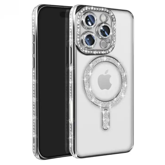 Apple İphone 16 Pro Max Kılıf Joke Simli Magneticsafe Kılıf - Gümüş