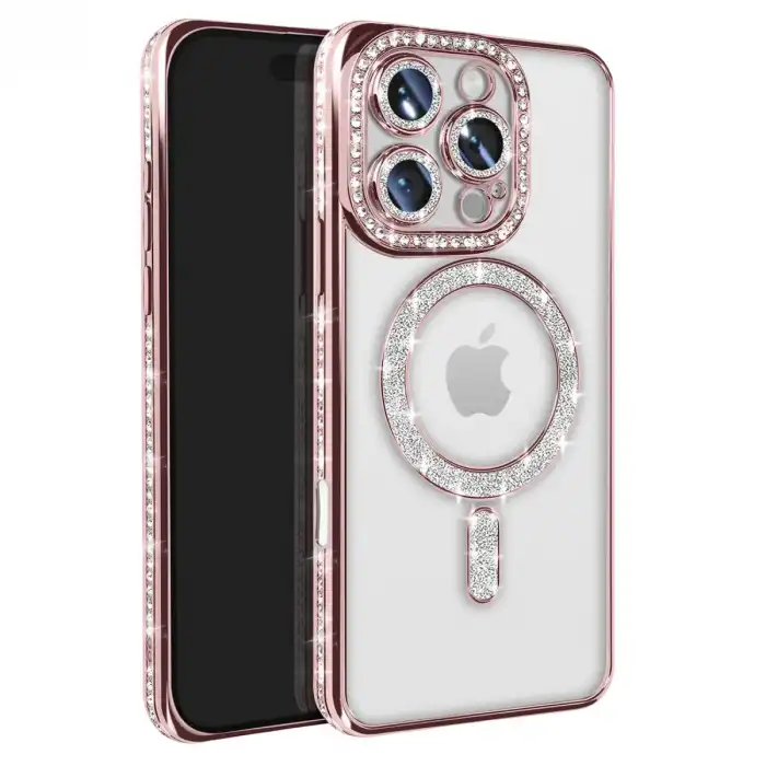 Apple İphone 16 Pro Max Kılıf Joke Simli Magneticsafe Kılıf - Pembe