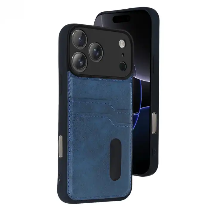 Apple İphone 17 Pro Sara Kartvizitli Deri Kılıf - Lacivert