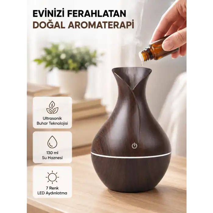 Aromaterapi Difüzör Ahşap Desenli ve Ultrasonik Nemlendirici LED Işıklı