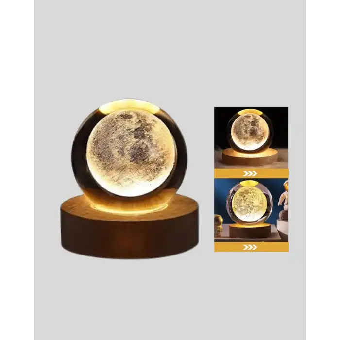 Ay Temalı Kristal Küre Gece Lambası LED Aydınlatmalı Premium Dekor