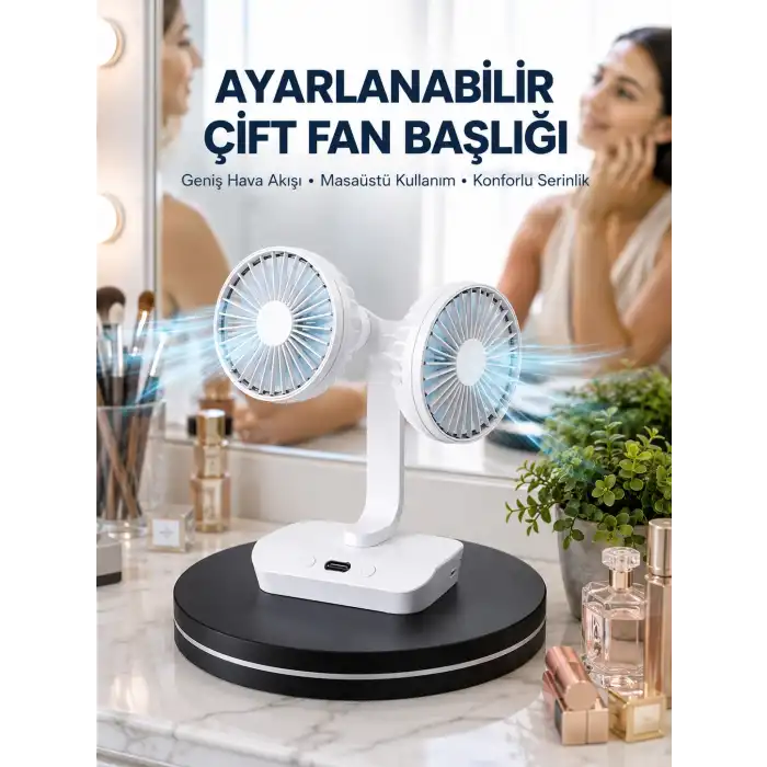 Ayarlanabilir Hızlı Çift Başlıklı Masaüstü Fan – Gece Lambalı Serinletici