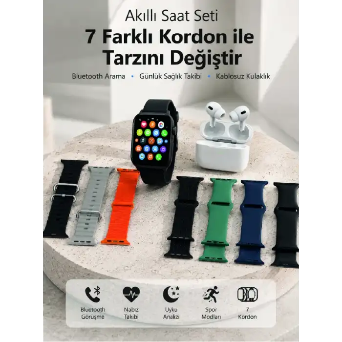 Bluetooth Görüşme Destekli Akıllı Saat Seti Kablosuz Kulaklık, 7 Kordon ve Çoklu Spor Modu