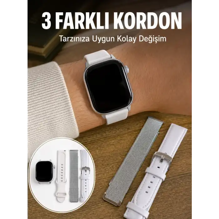 Bluetooth Görüşmeli Dokunmatik Akıllı Saat 3 Farklı Kordon Seçeneği