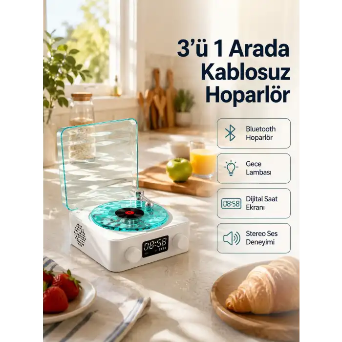 Bluetooth Hoparlör – 3-ü-1 Saatli Gece Lambası ve Vintage Tasarım