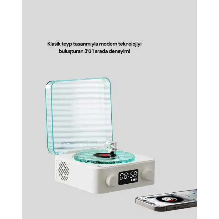 Bluetooth Hoparlör – 3-ü-1 Saatli Gece Lambası ve Vintage Tasarım