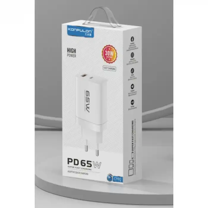 C99Q 65w Pd Destekli Type-c Ve Usb Çift Çıkışlı Hızlı Şarj Adaptörü - Beyaz