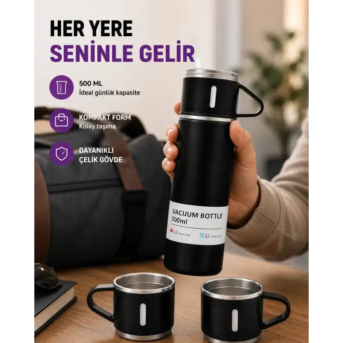 Çelik Termos Bardak Seti | 500 ml Kapasite, Kaymaz Taban, Hediye Kutulu