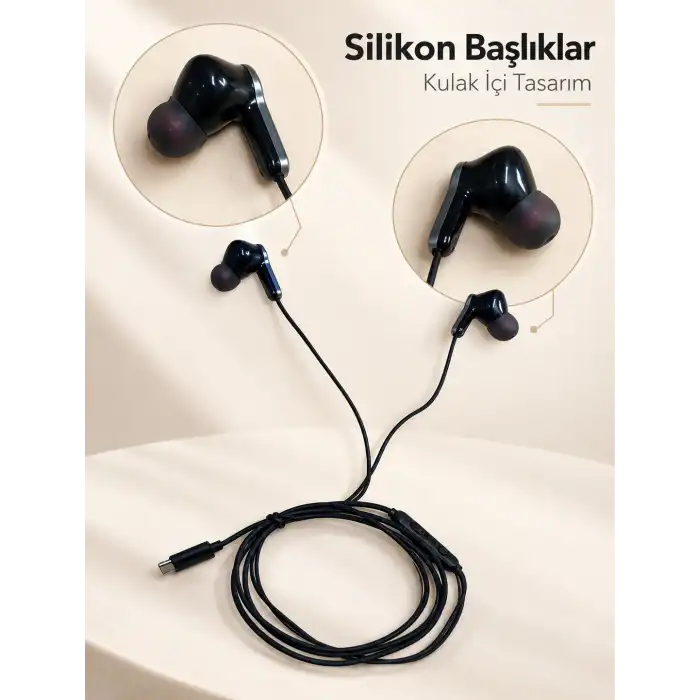 Dahili Mikrofonlu Type C Kablolu Kulaklık Siyah Gövde
