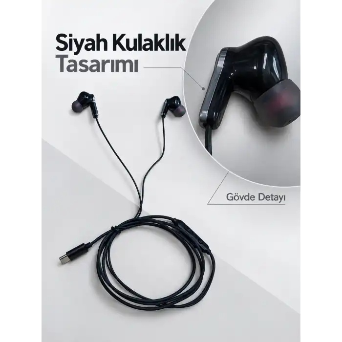 Dahili Mikrofonlu Type C Kablolu Kulaklık Siyah Gövde