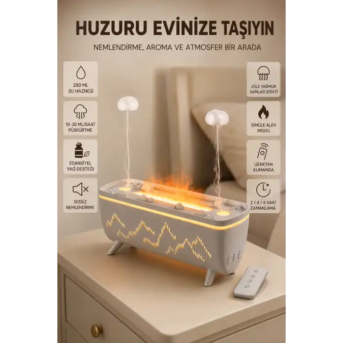 Dekoratif Hava Nemlendirici ve Aromaterapi Difüzörü 280 ML Yağmur Efektli Renkli LED Işıklı