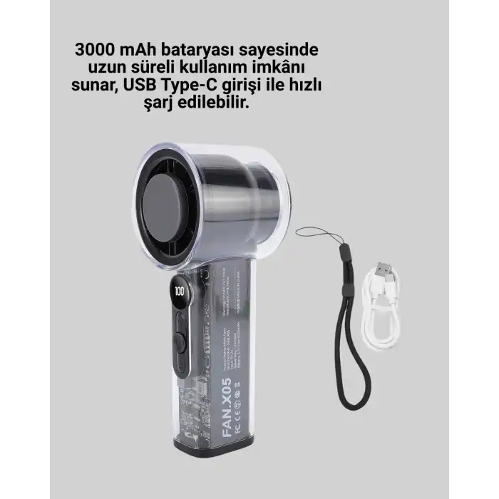 Dijital Ekranlı Şarjlı Mini Fan 100 Kademeli Hız Ayarı