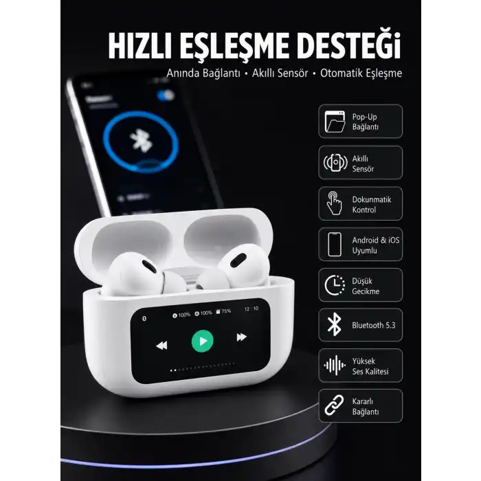 Dokunmatik Ekranlı ANC/ENC Yeni Nesil Pro Bluetooth Kulaklık Dokunmatik Ekran Yeni Nesil