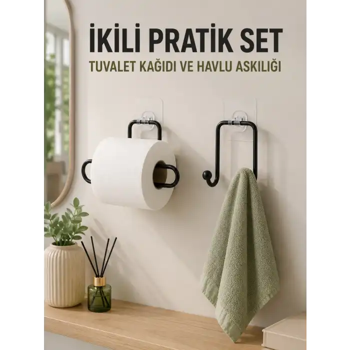 Duvara Yapışkanlı 2’li Düzenleme Seti Havlu Askısı ve Tuvalet Kağıdı Tutucu