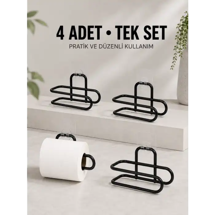 Duvara Yapışkanlı WC Kağıtlık Siyah Metal 4 Adet Tuvalet Kağıdı Rulo Askısı