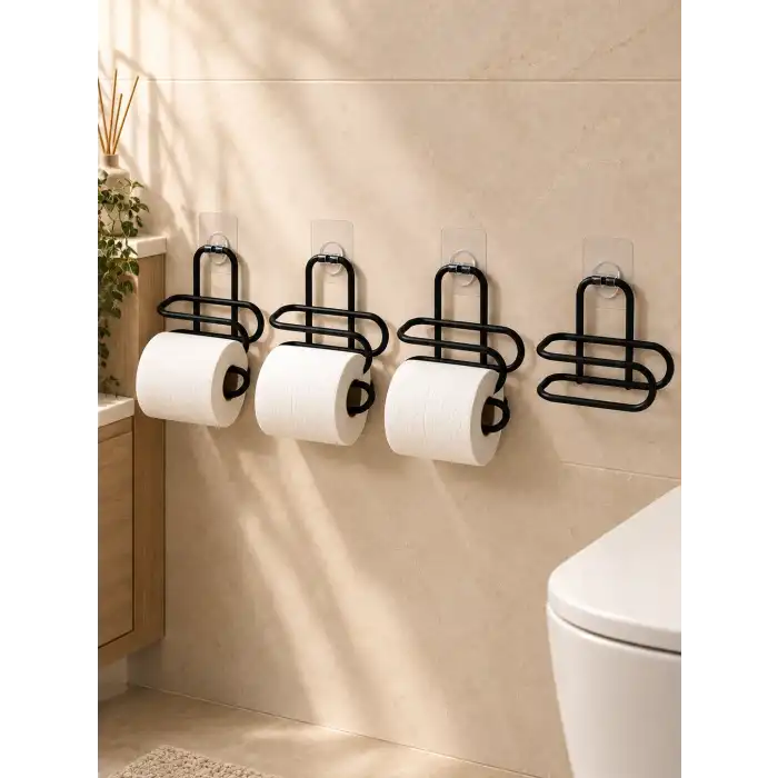 Duvara Yapışkanlı WC Kağıtlık Siyah Metal 4 Adet Tuvalet Kağıdı Rulo Askısı