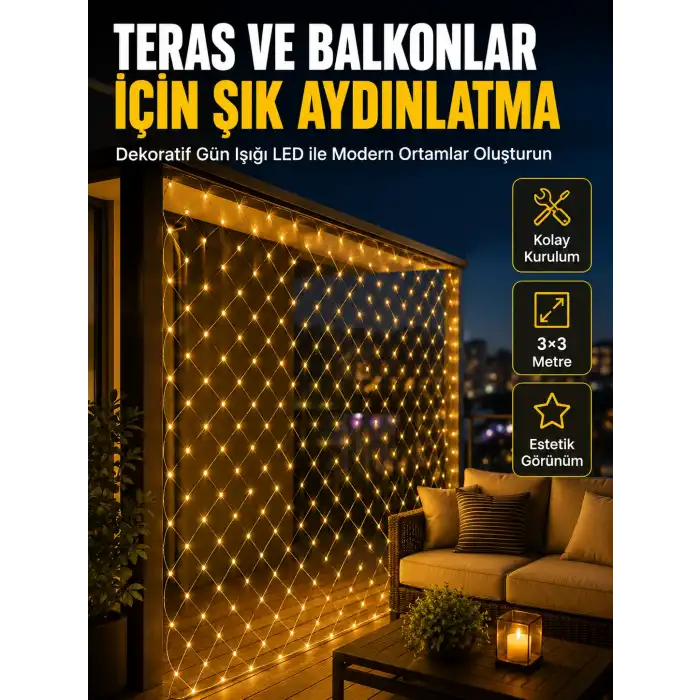 İç ve Dış Mekân Kullanımına Uygun 3x3 Metre LED Işık Ağı