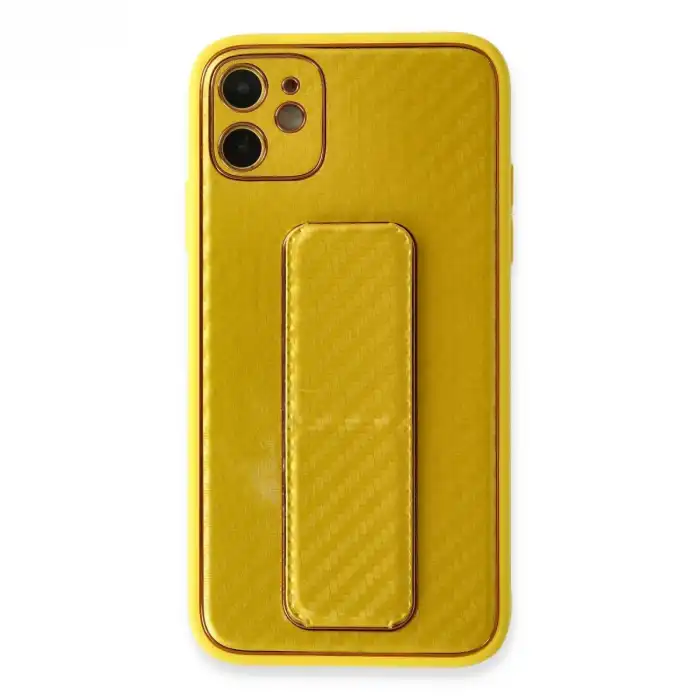 İphone 12 Kılıf Coco Karbon Standlı Kapak - Sarı