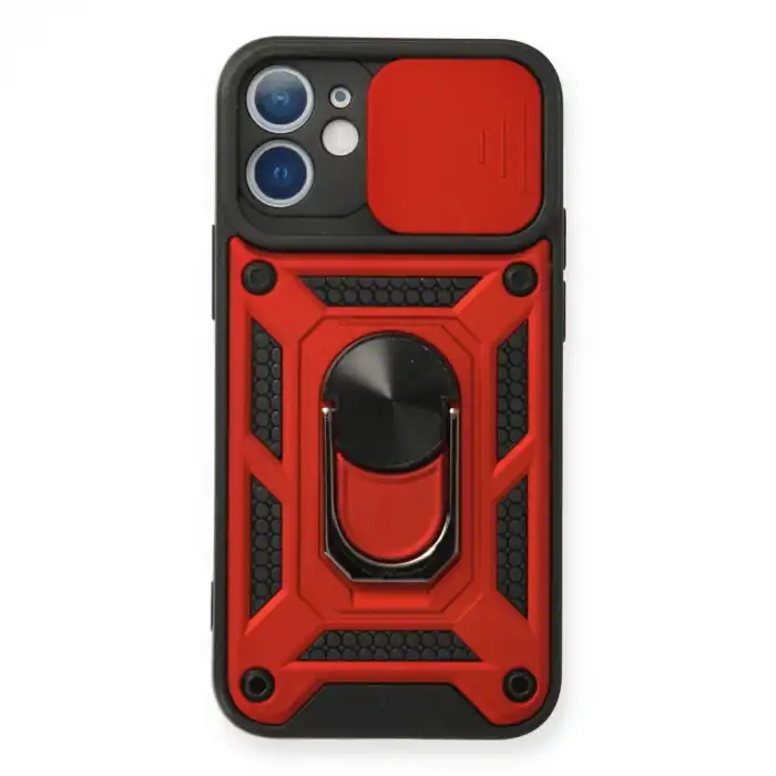 İphone 12 Kılıf Pars Lens Yüzüklü Silikon - Kırmızı