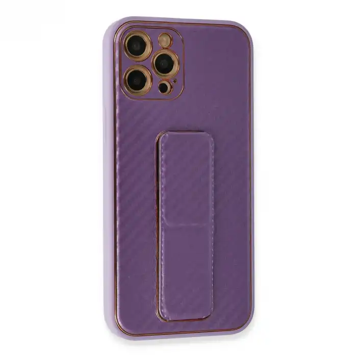 İphone 12 Pro Kılıf Coco Karbon Standlı Kapak - Mor