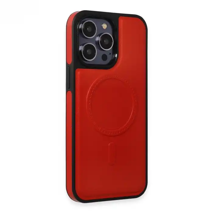 İphone 13 Pro Max Kılıf Ozzi Magsafe Deri Kapak - Kırmızı