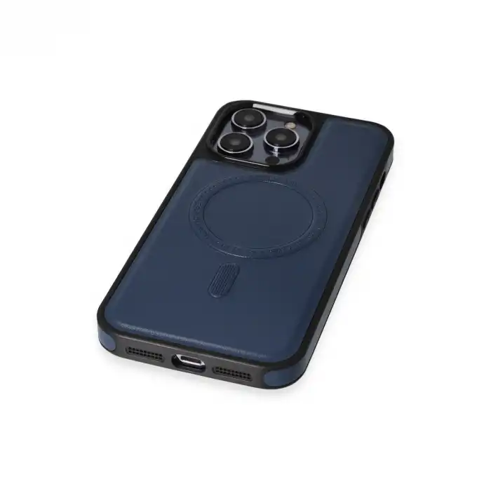 İphone 15 Pro Kılıf Ozzi Magsafe Deri Kapak - Lacivert