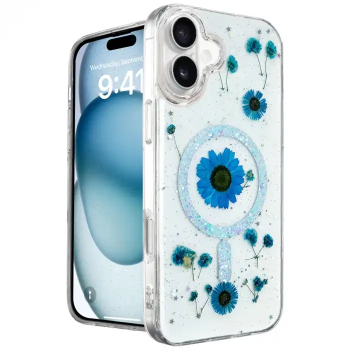 İphone 16 Kılıf Daisy Simli Magsafe Kapak - Mavi