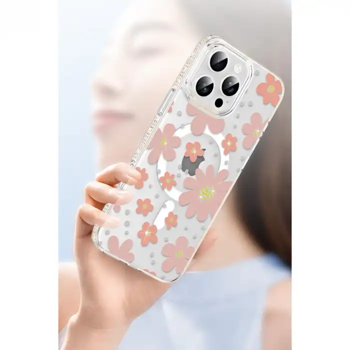 Joko Apple İphone 15 Floral Magsafe Kapak - Pembe