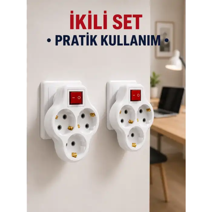 Kablosuz 3’lü Priz Çoklayıcı Açma Kapama Anahtarlı Duvar Tipi 2 Adet Set