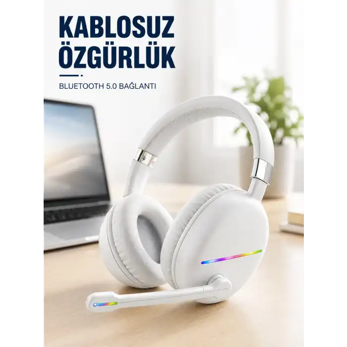 Kablosuz Bluetooth Mikrofonlu Beyaz Kulaklık  RGB Işıklı