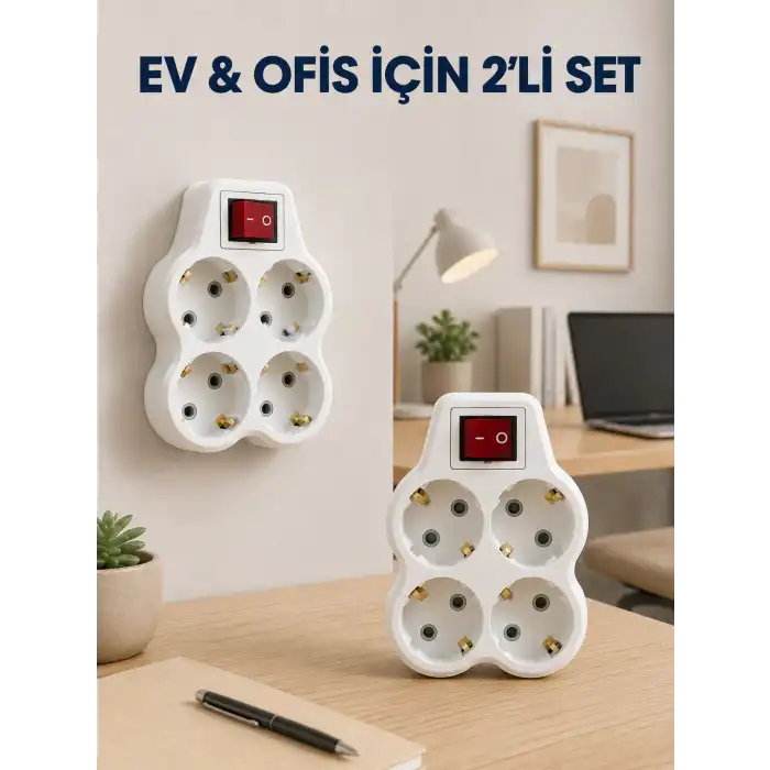 Kablosuz Duvar Tipi Priz Çoğaltıcı 4 Çıkışlı Anahtarlı 2 Adet Avantajlı Set