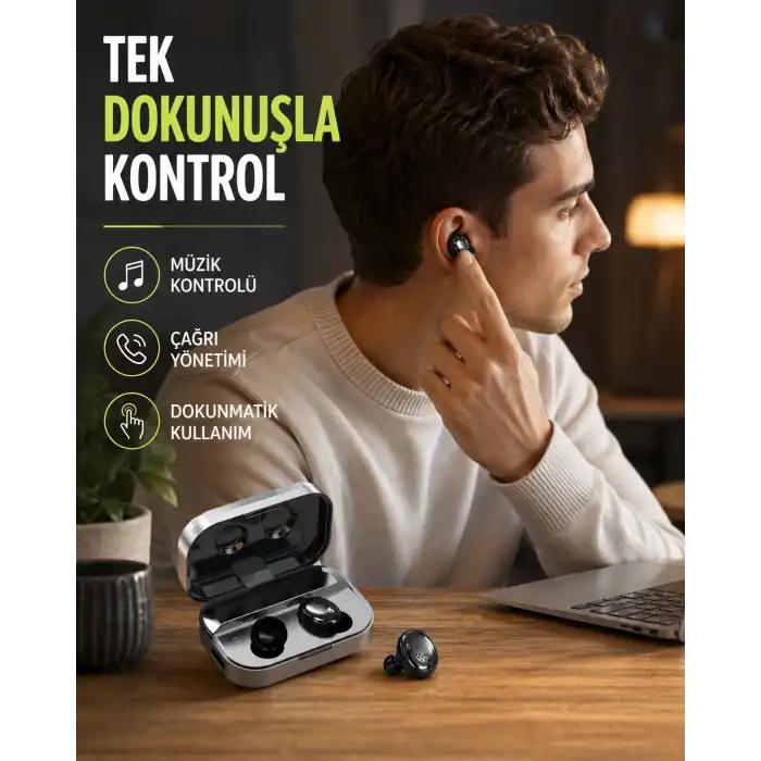 Kablosuz Kulak İçi Bluetooth Kulaklık – Dokunmatik Kontrol ve LED Şarj Ekranı