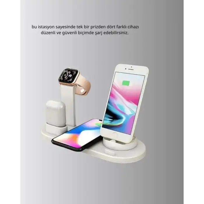 Kablosuz Şarj İstasyonu 4’ü 1 Arada iPhone Watch ve AirPods Uyumlu
