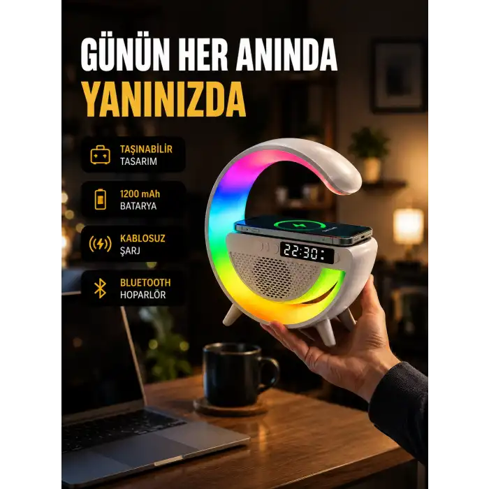 Kablosuz Şarjlı LED Masa Lambası Çalar Saat ve Beyaz Gürültü Özellikli