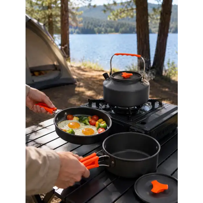 Kamp Pişirme Seti Hafif Alüminyum Tencere Tava Çaydanlık Piknik ve Karavan Mutfak Seti