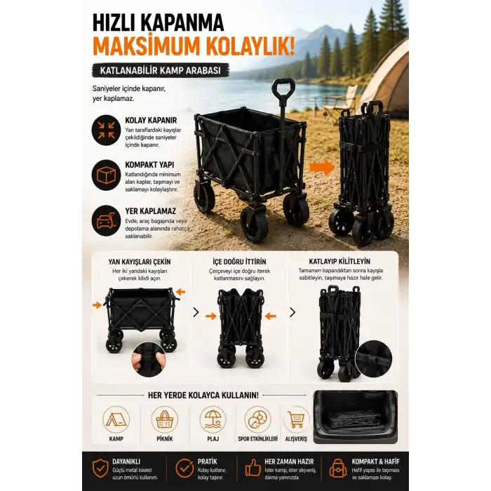 Katlanır Kamp Arabası 130 Kg Kapasiteli Üst Tablalı Kalın Tekerlekli Çok Amaçlı Taşıma Arabası