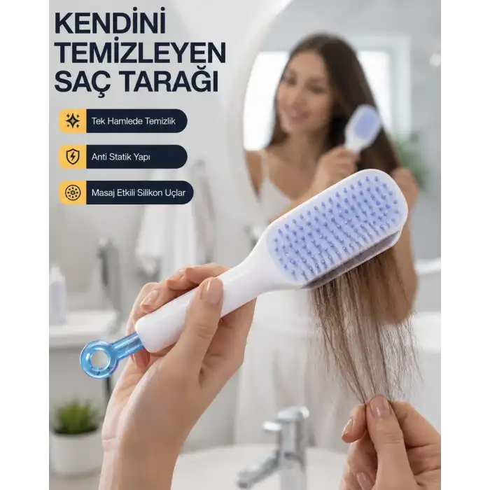 Kendini Temizleyen Ergonomik Saç Tarağı – ABS Gövde, Silikon Diş