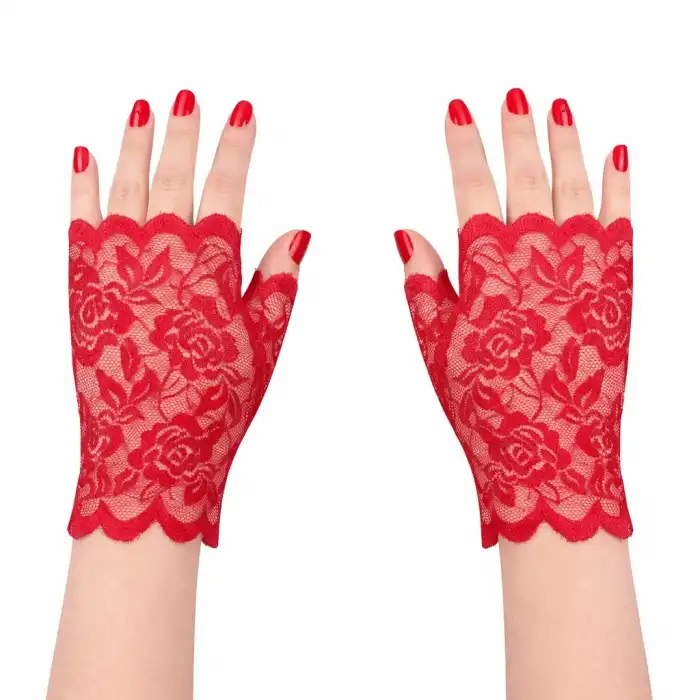 Kırmızı Dantel Parmaksız Kısa Eldiven
