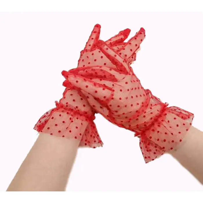 Kısa Boy Güpürlü Kırmızı Puantiyeli Tül Eldiven Kırmızı Renk