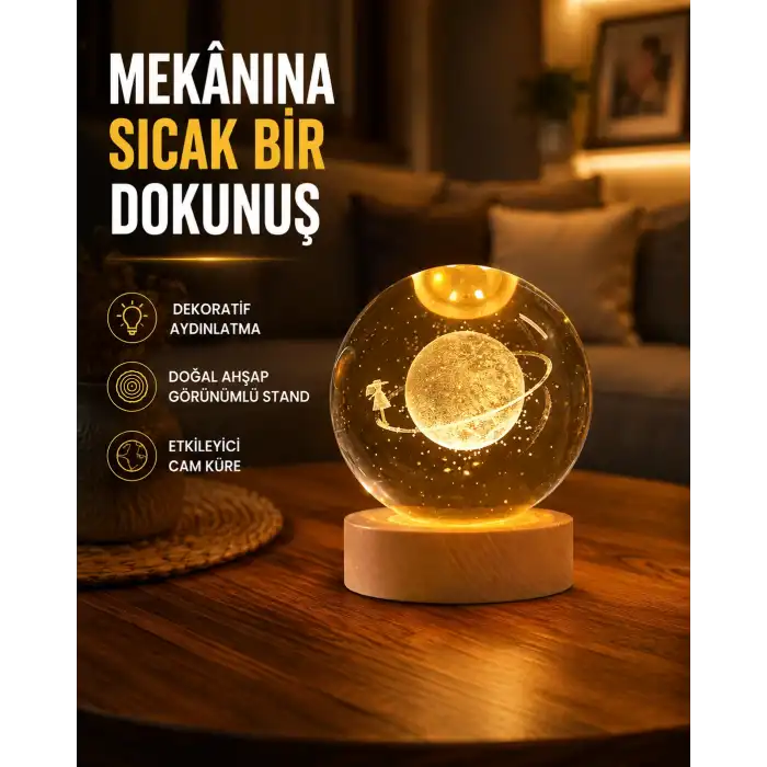 Kız Figürlü Sarı Cam Küre Işıklı Büyük Boy Ahşap Standlı Dekor