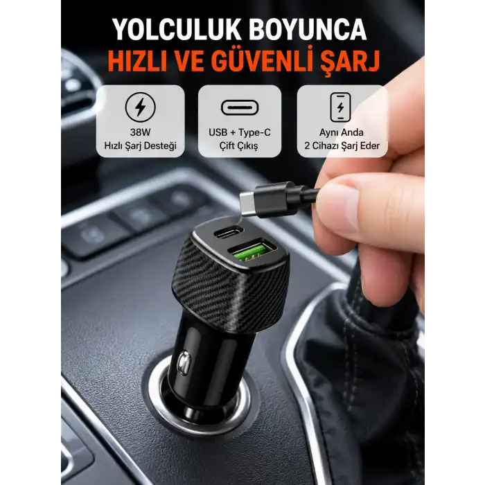Kompakt Tasarımlı Type-C + USB Girişli Araç Şarj Başlığı