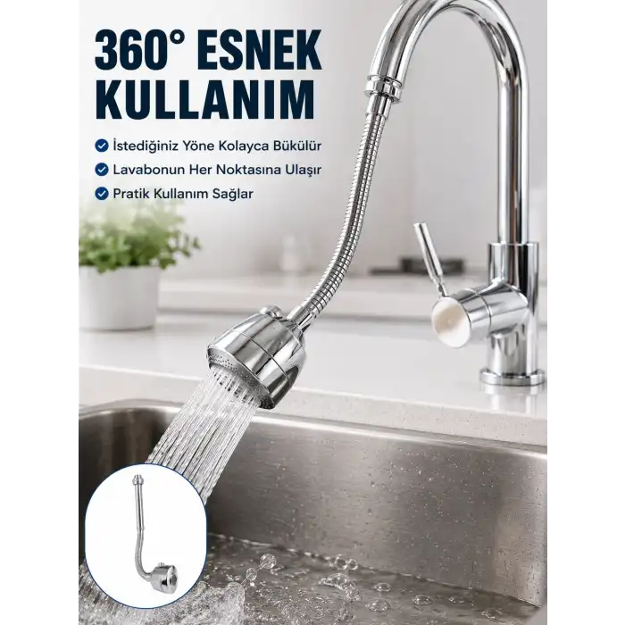 Krom Musluk Uzatma Aparatı  360° Dönebilen Su Tasarruflu Lavabo Fıskiyesi