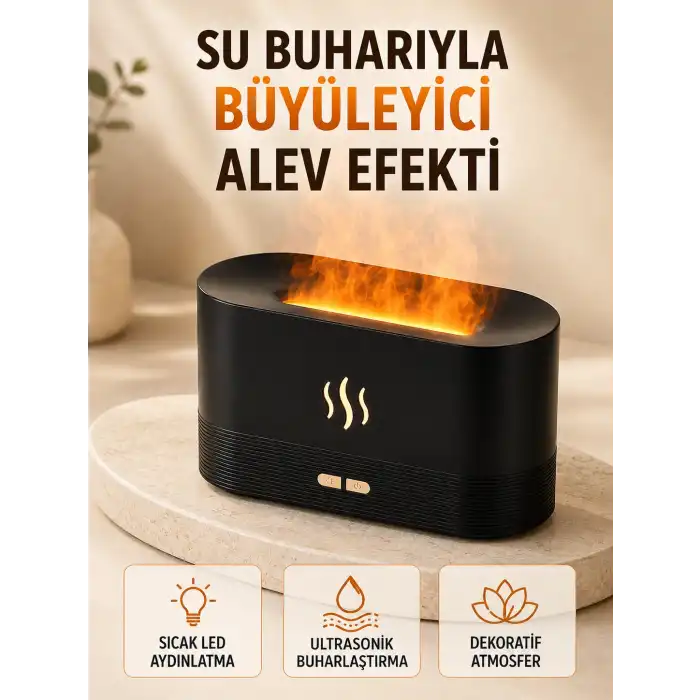 LED Alev Efektli Hava Nemlendirici 9 12 Saat Kullanımlı Aroma Difüzörü